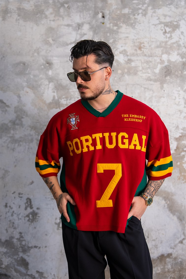 Portugal Baskılı Bol Triko Tshirt Kırmızı