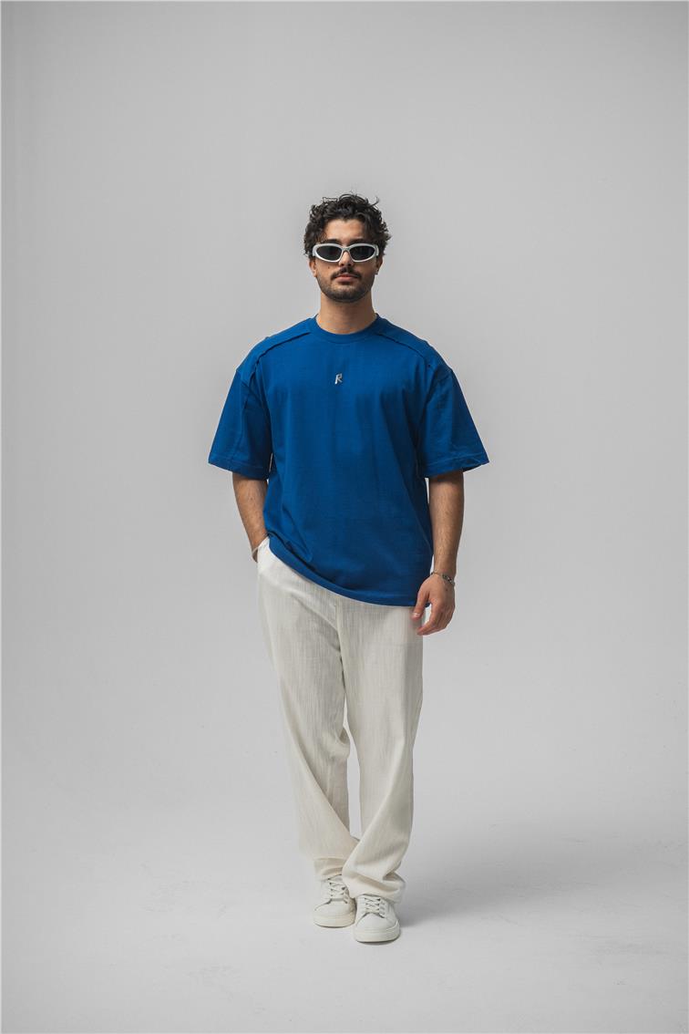 R Basıkılı Oversize T-Shirt Koyu Mavi