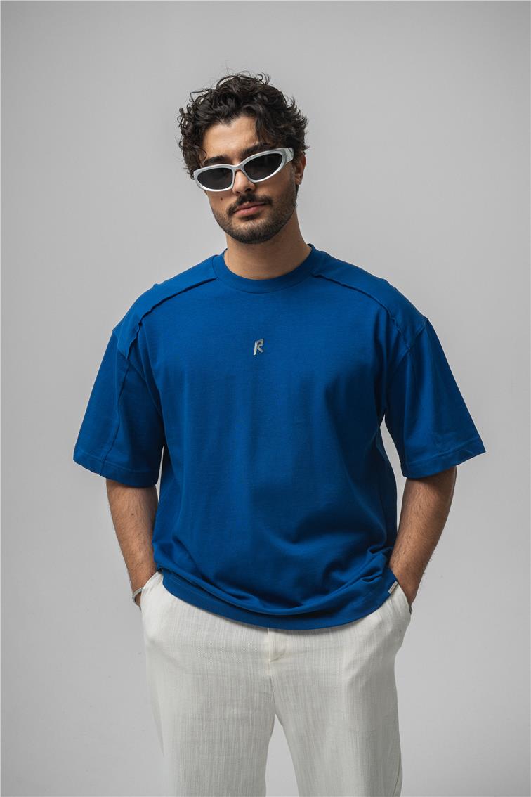 R Basıkılı Oversize T-Shirt Koyu Mavi