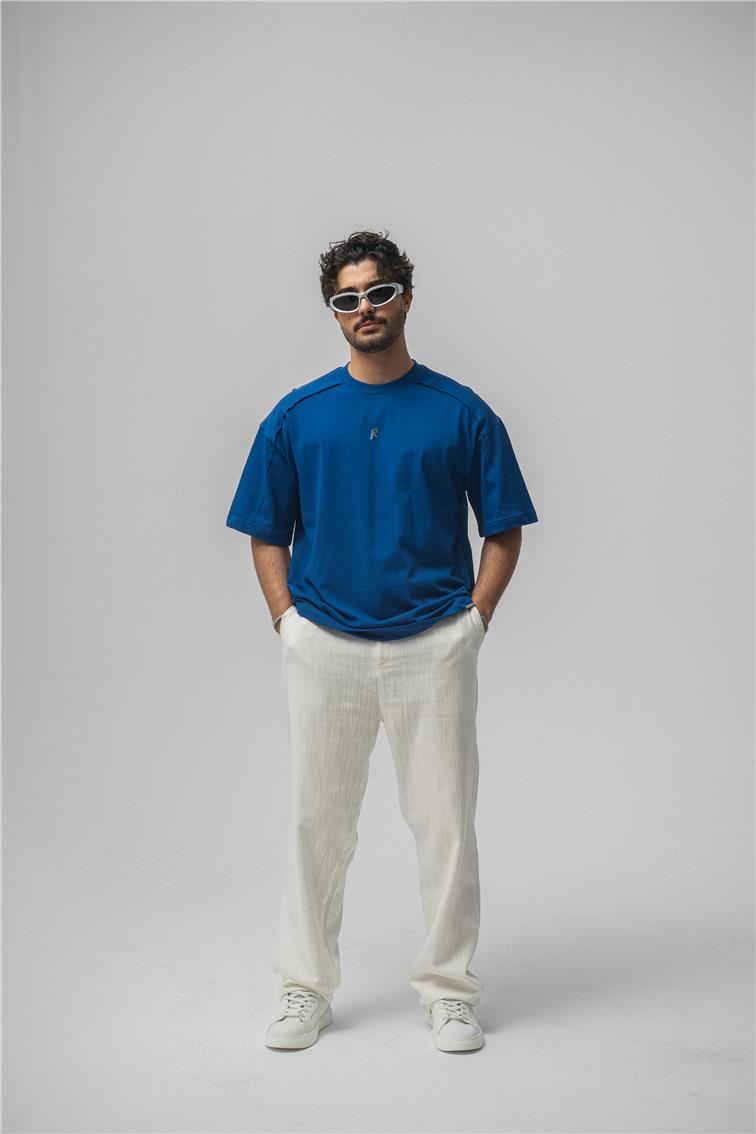 R Basıkılı Oversize T-Shirt Koyu Mavi