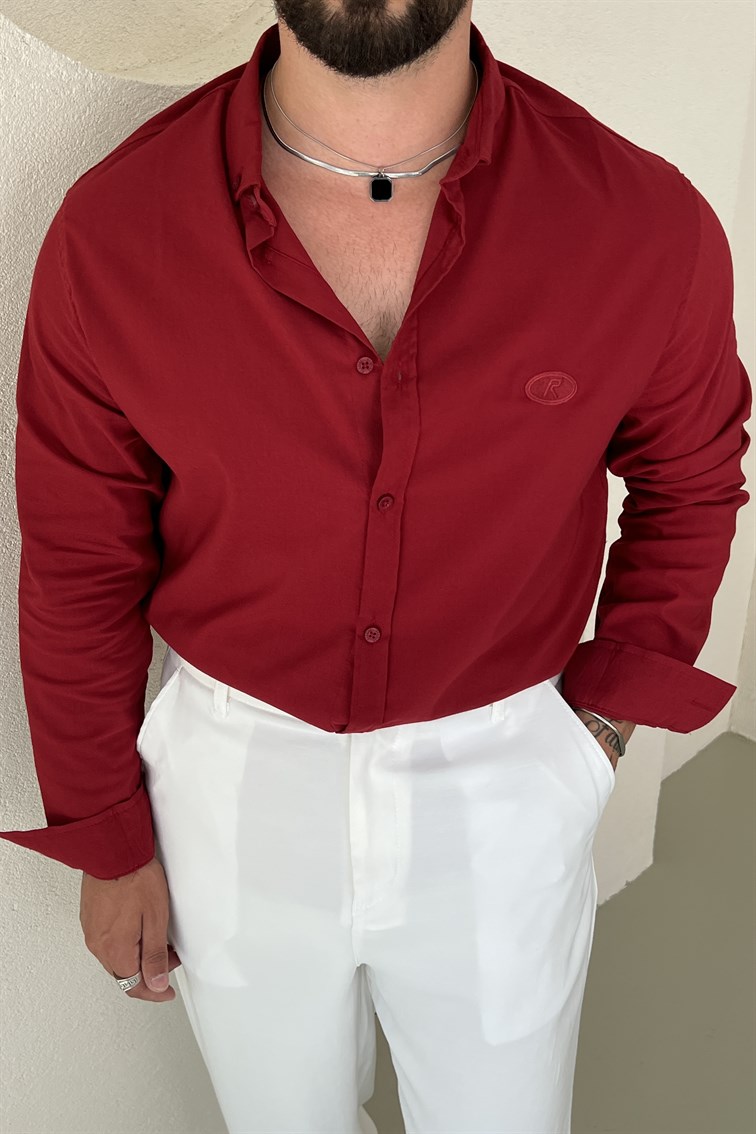 R Minimal Nakışlı Oversize Gömlek Bordo