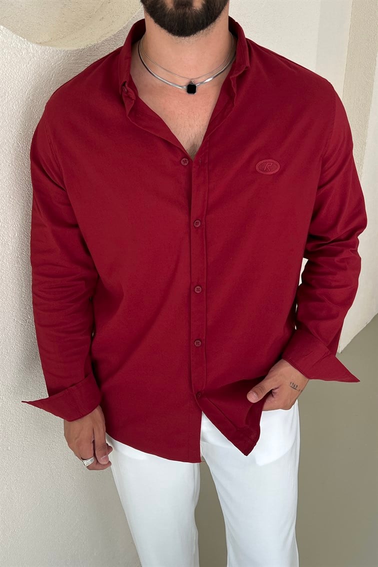 R Minimal Nakışlı Oversize Gömlek Bordo