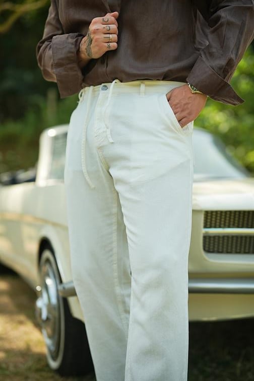 Rahat Kalıp Dokulu Pantolon Beyaz