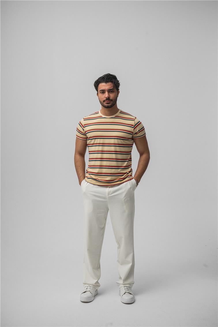Rahat Kesim Çizgili T-Shirt Bej