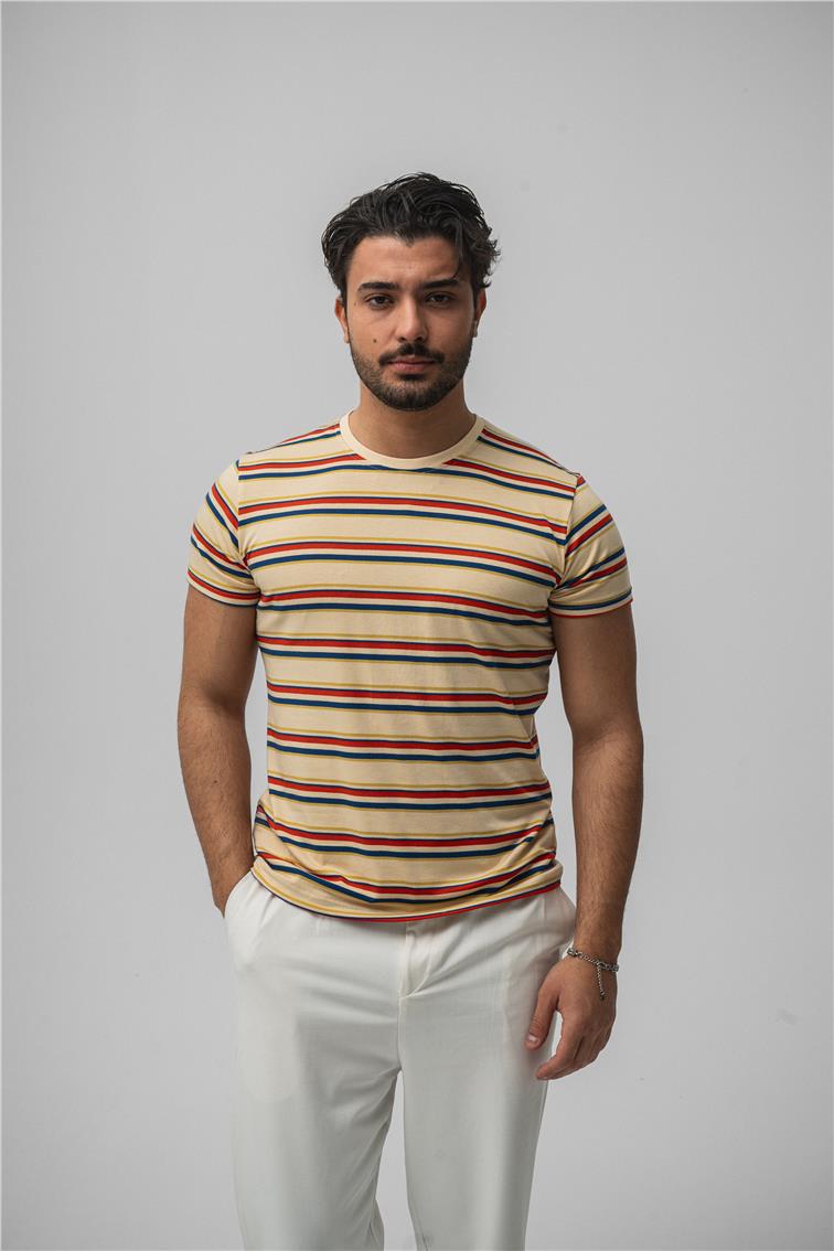Rahat Kesim Çizgili T-Shirt Bej