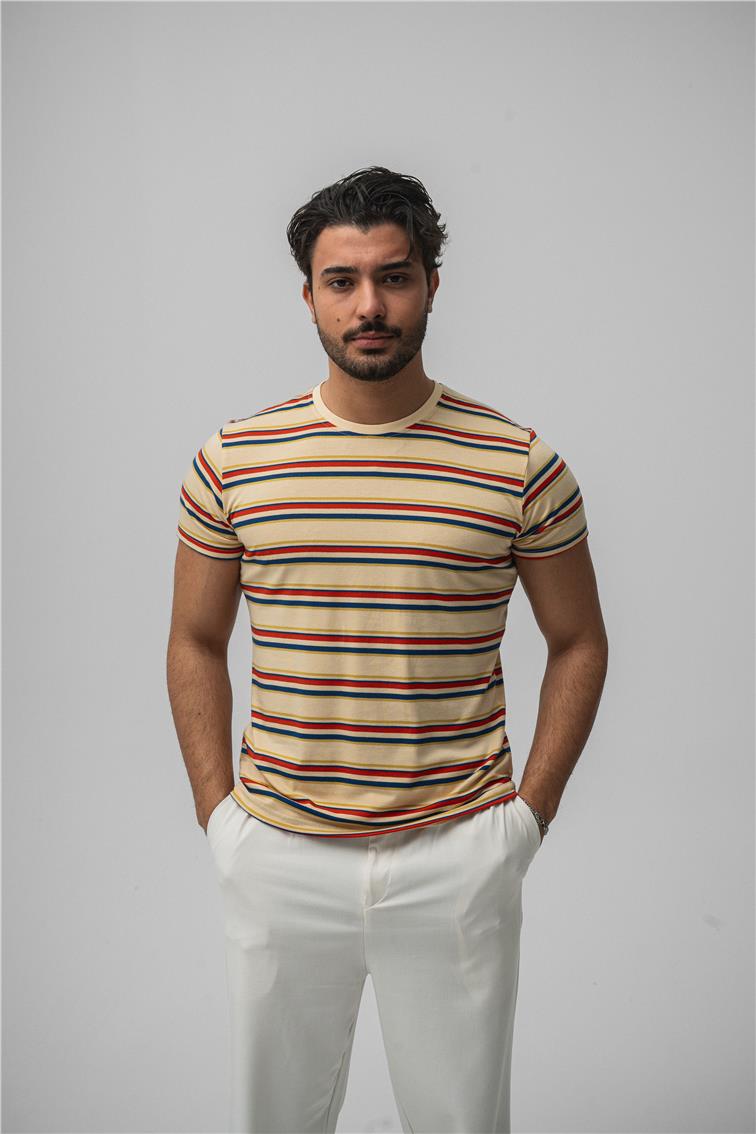 Rahat Kesim Çizgili T-Shirt Bej