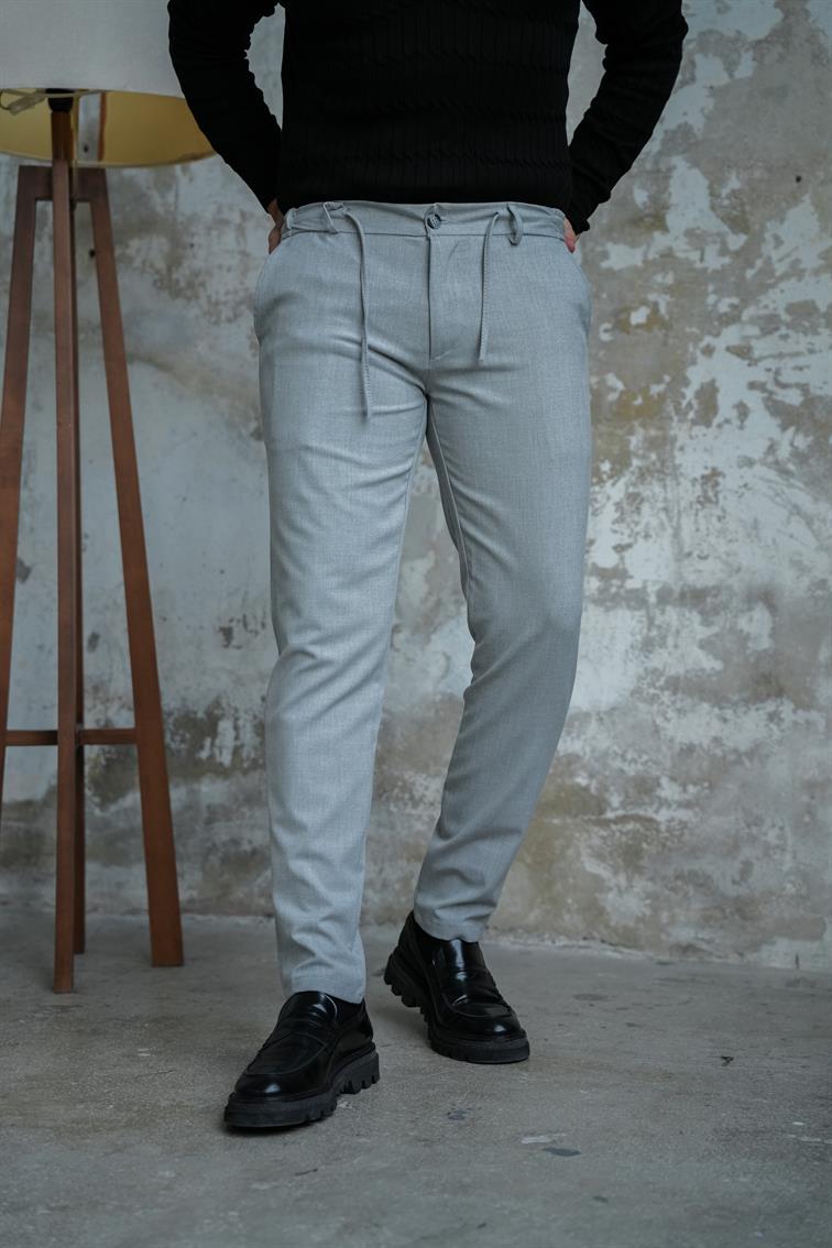 Regular Fit Bel Bağlamalı Klasik Pantolon Gri