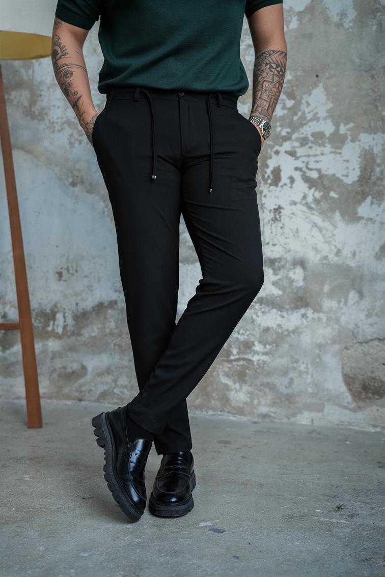 Regular Fit Bel Bağlamalı Klasik Pantolon Siyah
