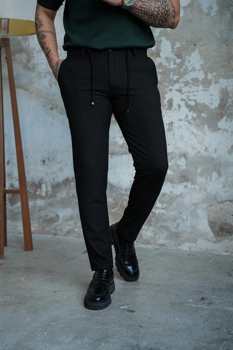 Regular Fit Bel Bağlamalı Klasik Pantolon Siyah