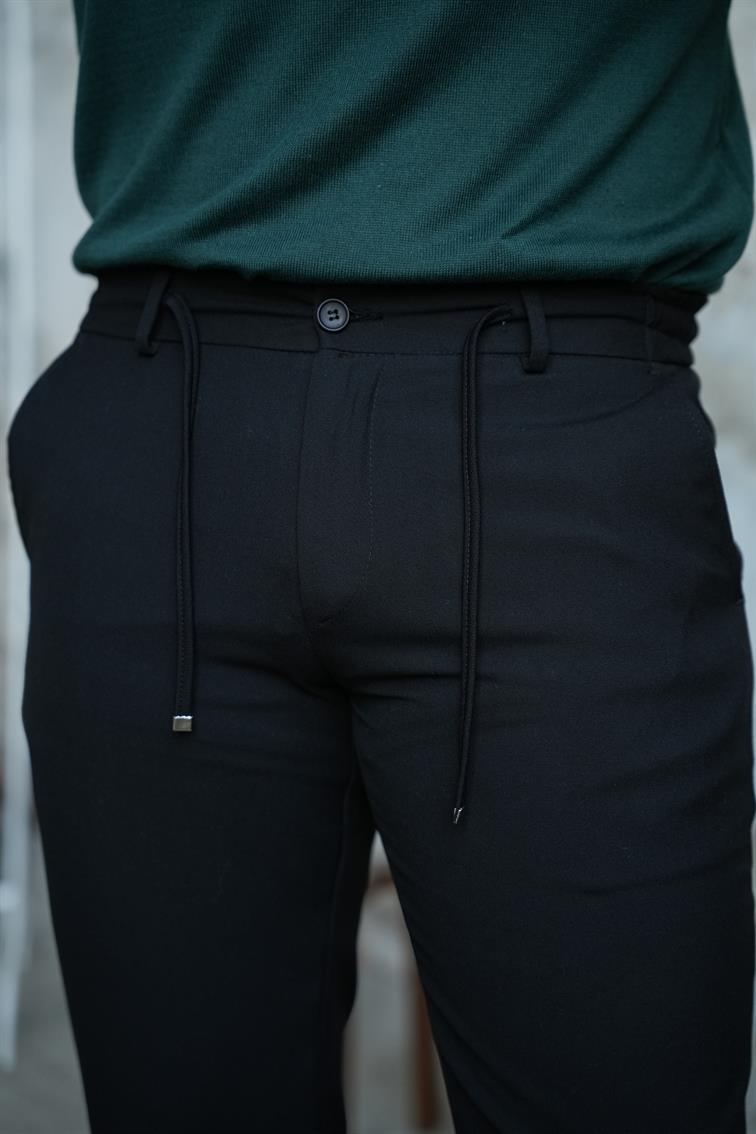Regular Fit Bel Bağlamalı Klasik Pantolon Siyah