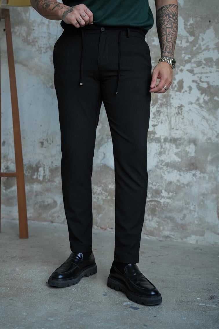 Regular Fit Bel Bağlamalı Klasik Pantolon Siyah