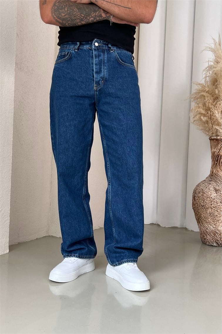 Regular Fit Dökümlü Jean Pantolon Mavi