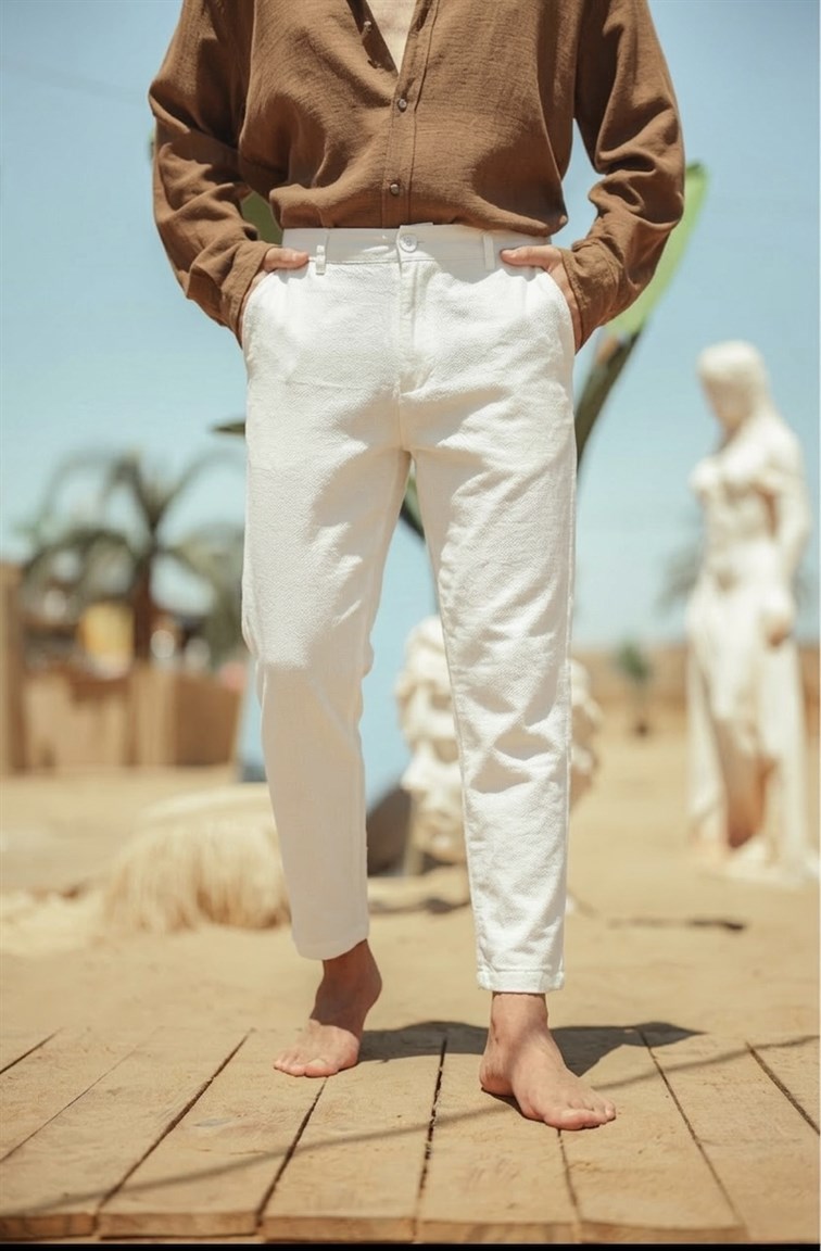 Regular Fit Keten Pantolon Beyaz