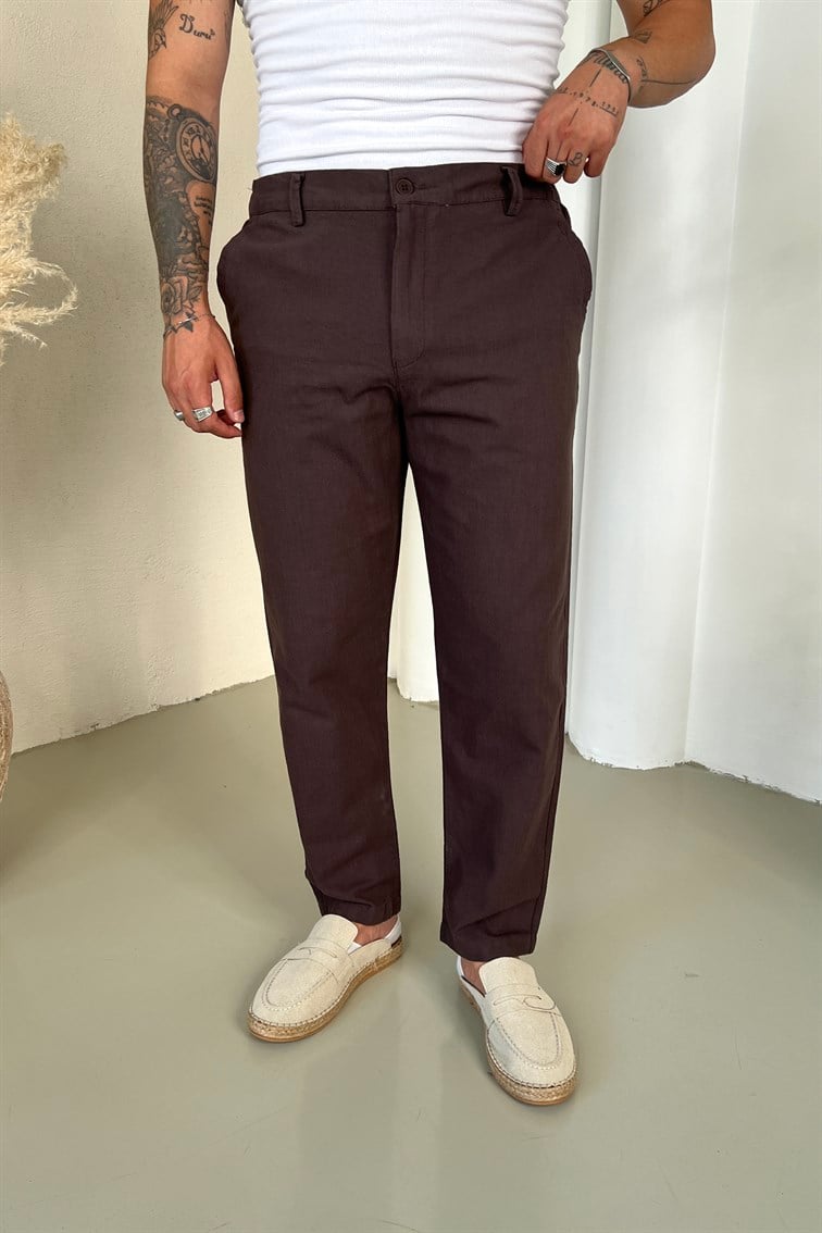 Regular Fit Keten Pantolon Kahve