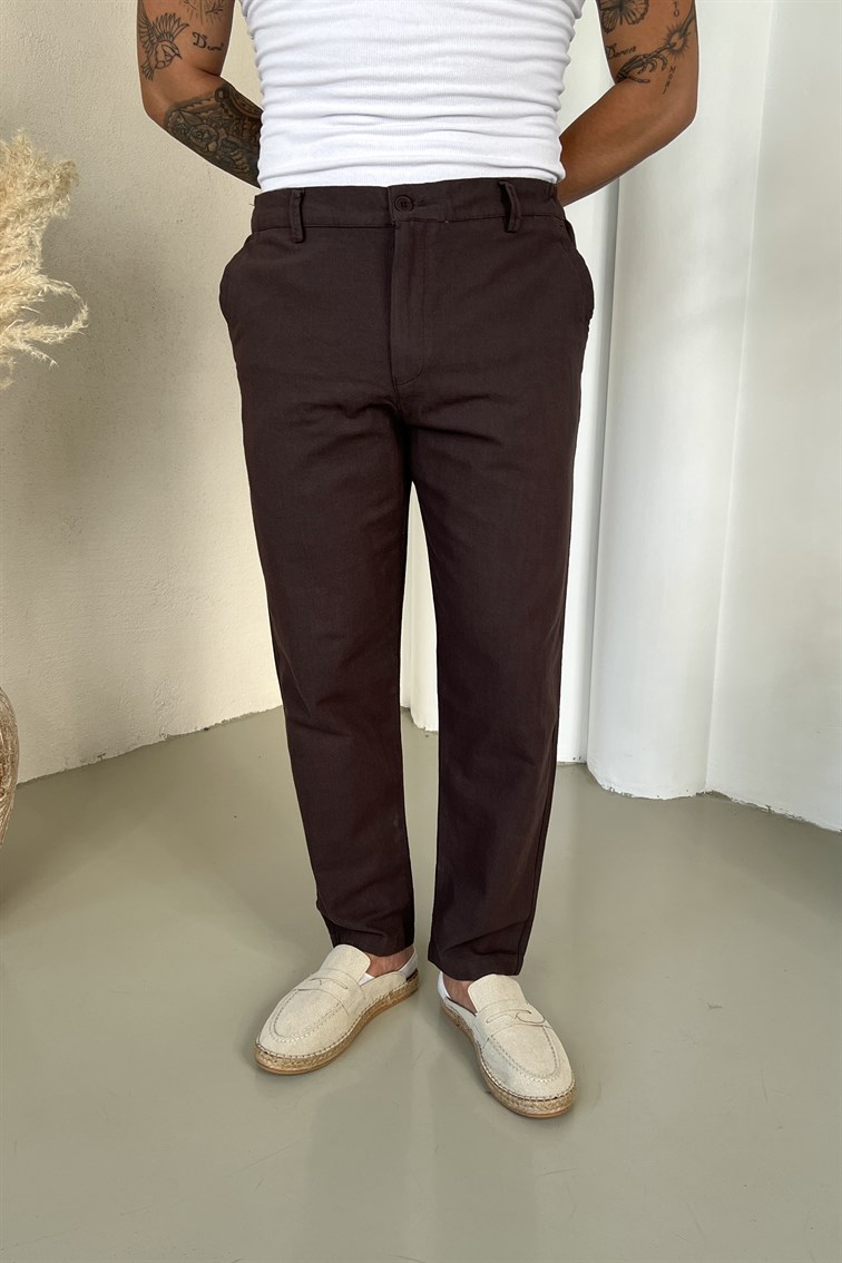 Regular Fit Keten Pantolon Kahve
