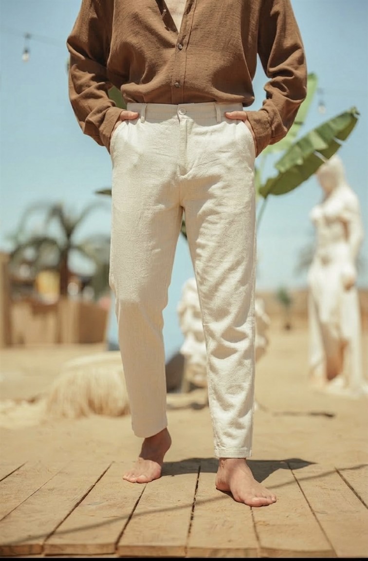 Regular Fit Keten Pantolon Krem