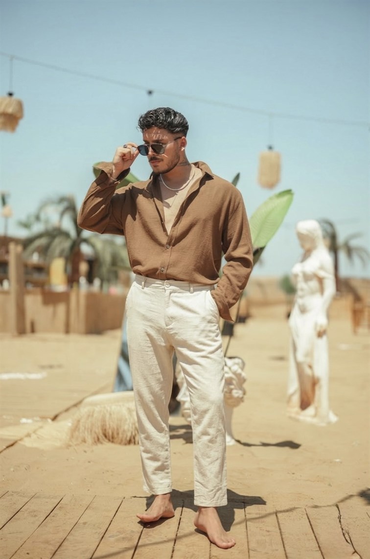 Regular Fit Keten Pantolon Krem