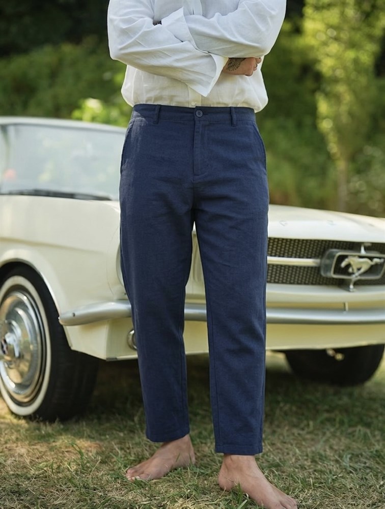 Regular Fit Keten Pantolon Lacivert