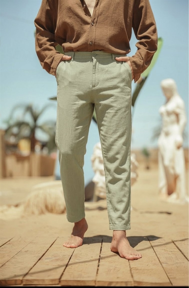 Regular Fit Keten Pantolon Yeşil