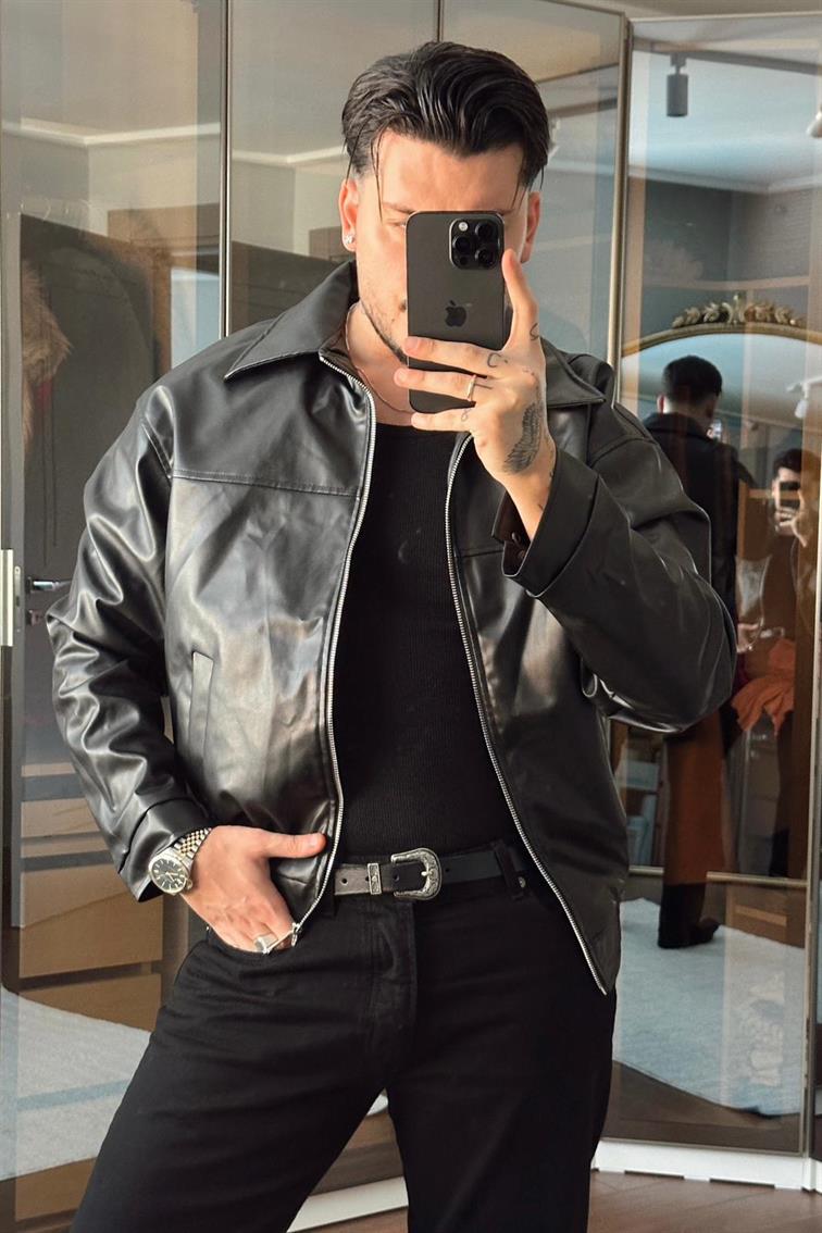 Relaxed Fıt Suni Deri Ceket Siyah