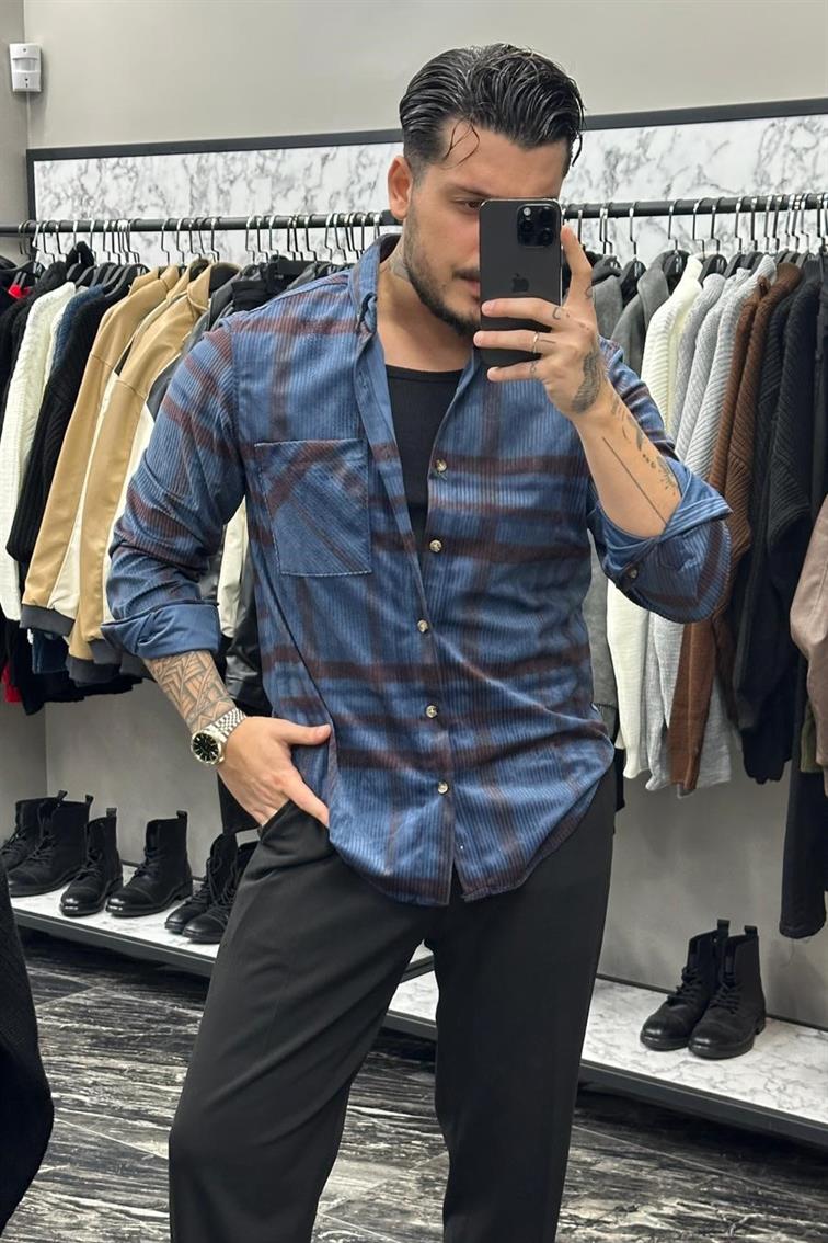 Renk Geçişli Kadife Normal Kalıp Gömlek Mavi