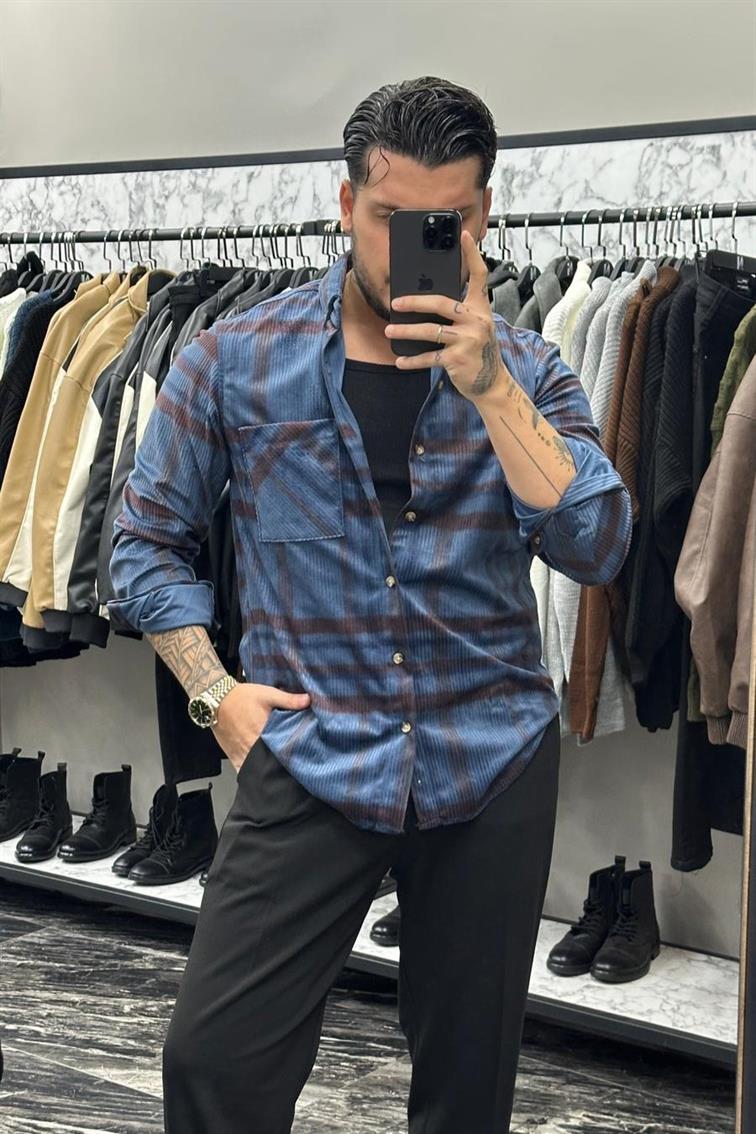 Renk Geçişli Kadife Normal Kalıp Gömlek Mavi