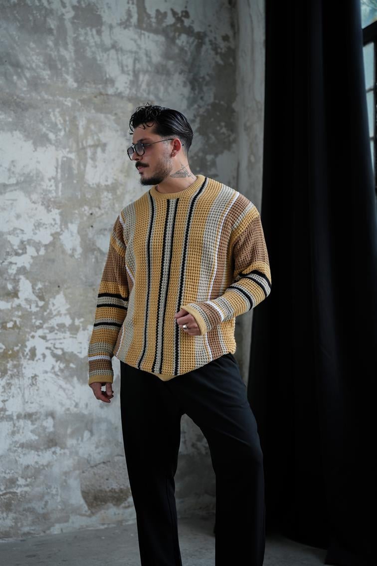 Renkli Örme Bol Kalıp Kazak Camel