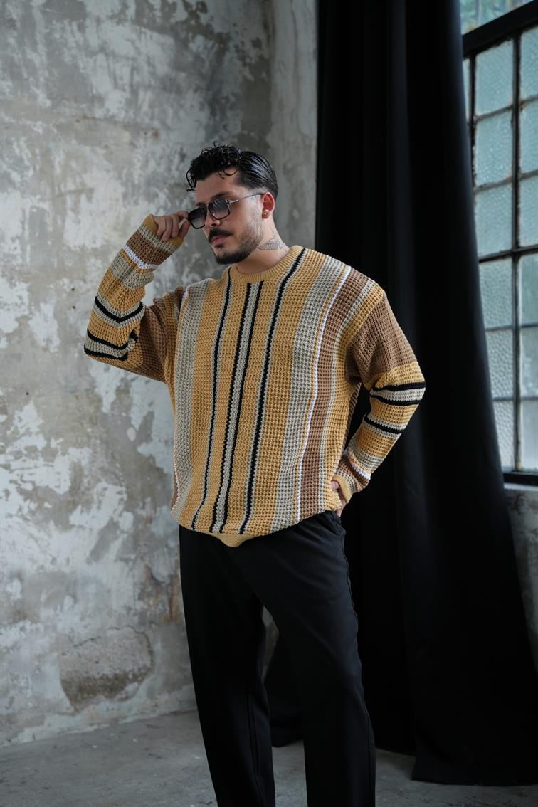 Renkli Örme Bol Kalıp Kazak Camel