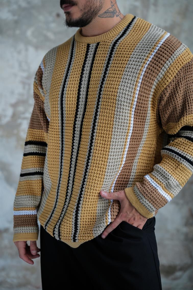 Renkli Örme Bol Kalıp Kazak Camel