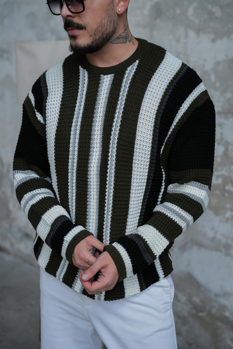 Renkli Örme Bol Kalıp Kazak Haki