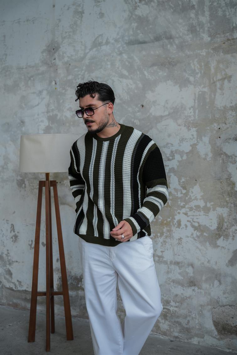 Renkli Örme Bol Kalıp Kazak Haki