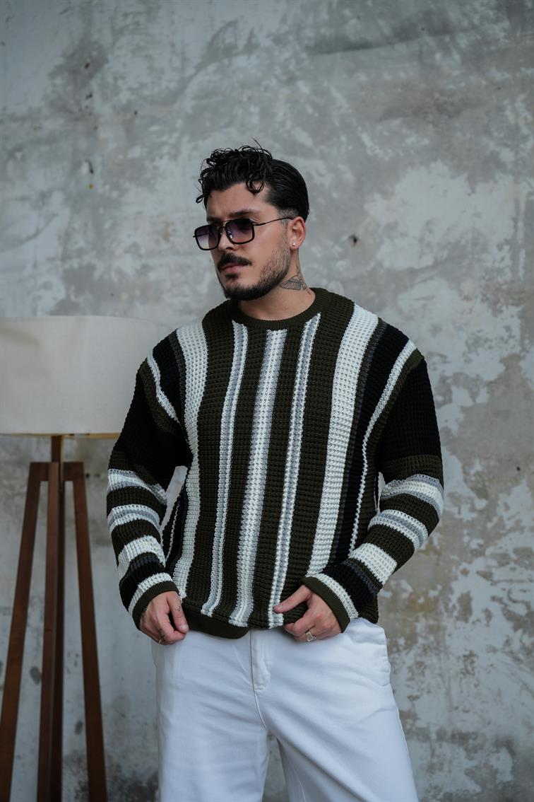 Renkli Örme Bol Kalıp Kazak Haki