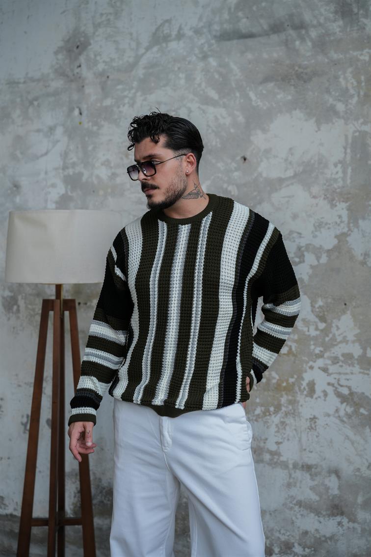 Renkli Örme Bol Kalıp Kazak Haki