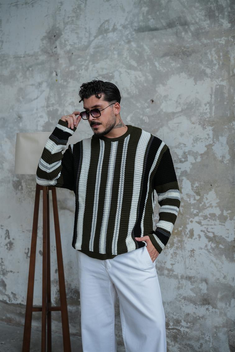 Renkli Örme Bol Kalıp Kazak Haki