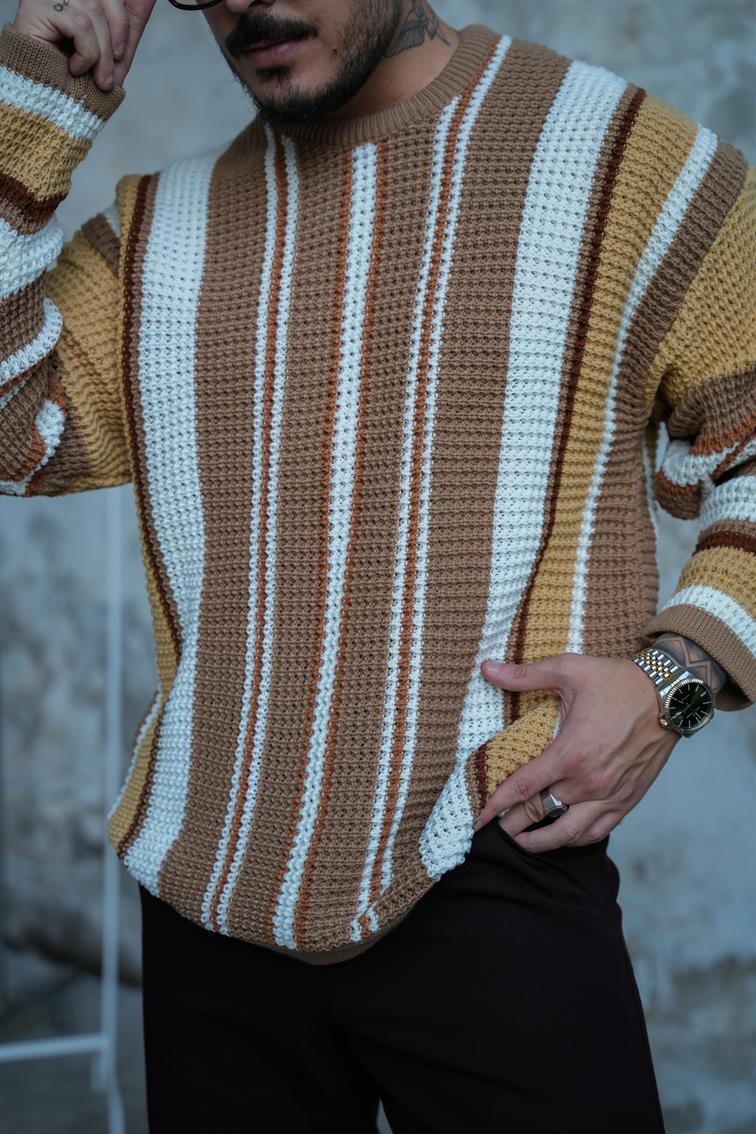 Renkli Örme Bol Kalıp Kazak Kahve