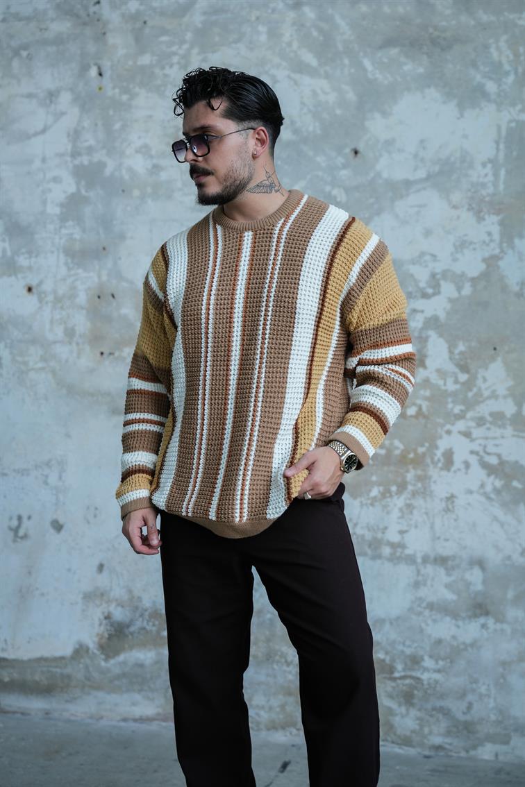 Renkli Örme Bol Kalıp Kazak Kahve