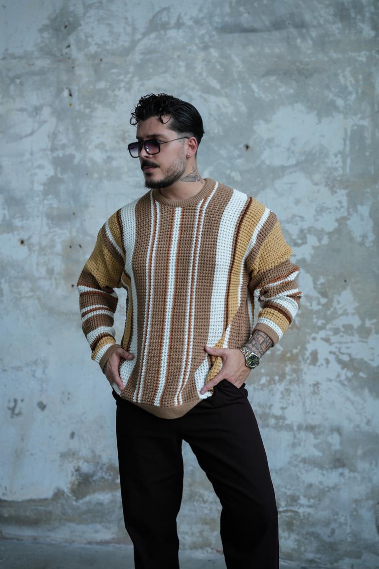 Renkli Örme Bol Kalıp Kazak Kahve