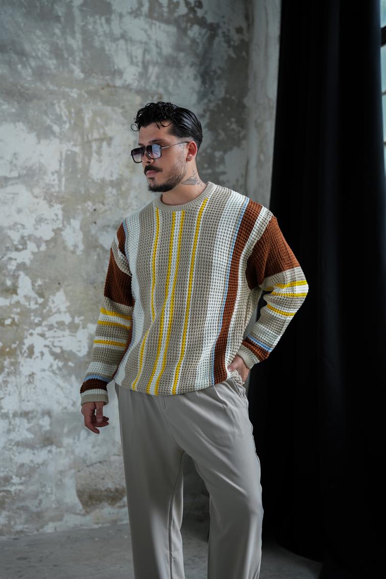 Renkli Örme Bol Kalıp Kazak Taş