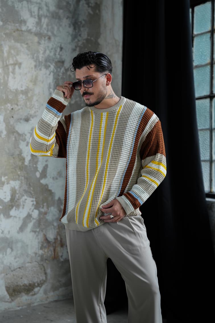 Renkli Örme Bol Kalıp Kazak Taş