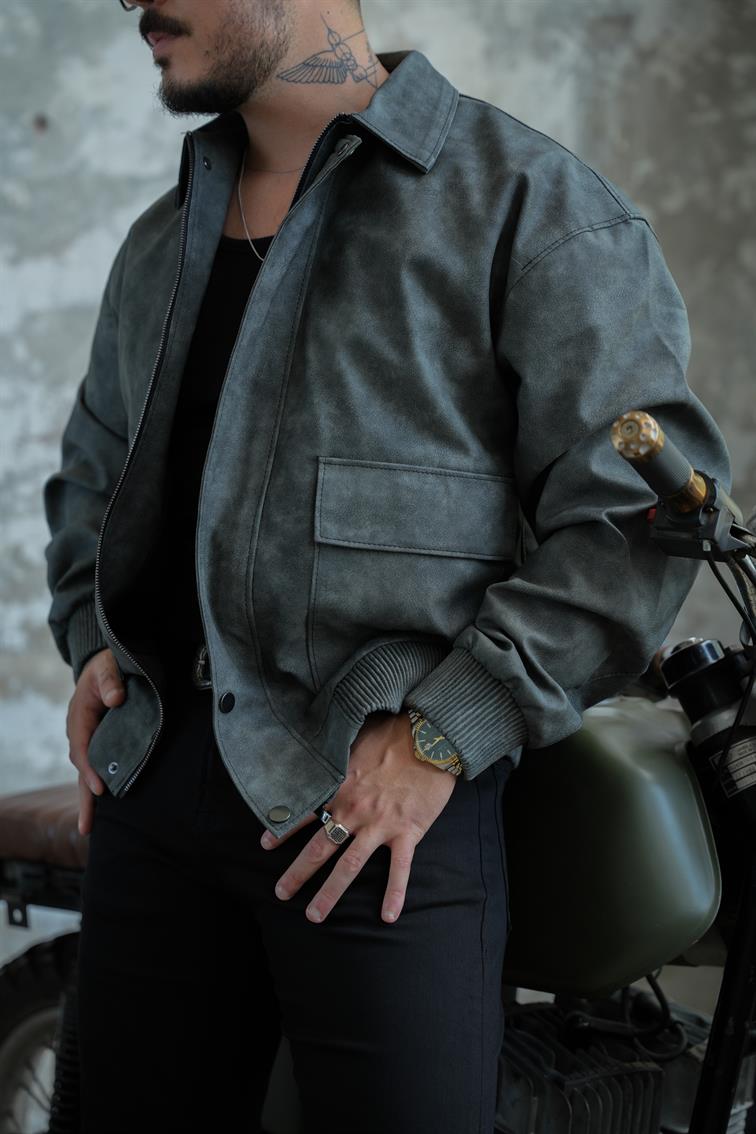 Retro Workwear Yıkamalı Kapak Cepli Deri Ceket Siyah