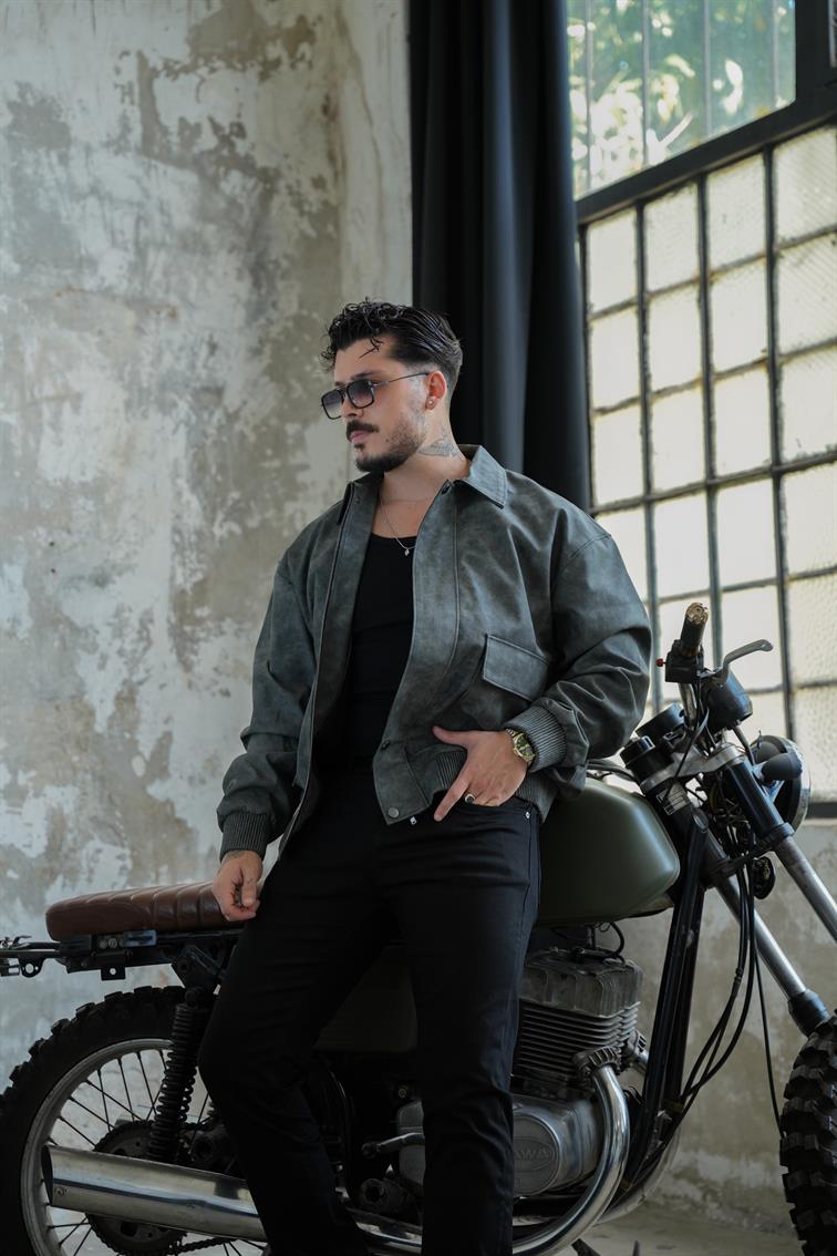 Retro Workwear Yıkamalı Kapak Cepli Deri Ceket Siyah