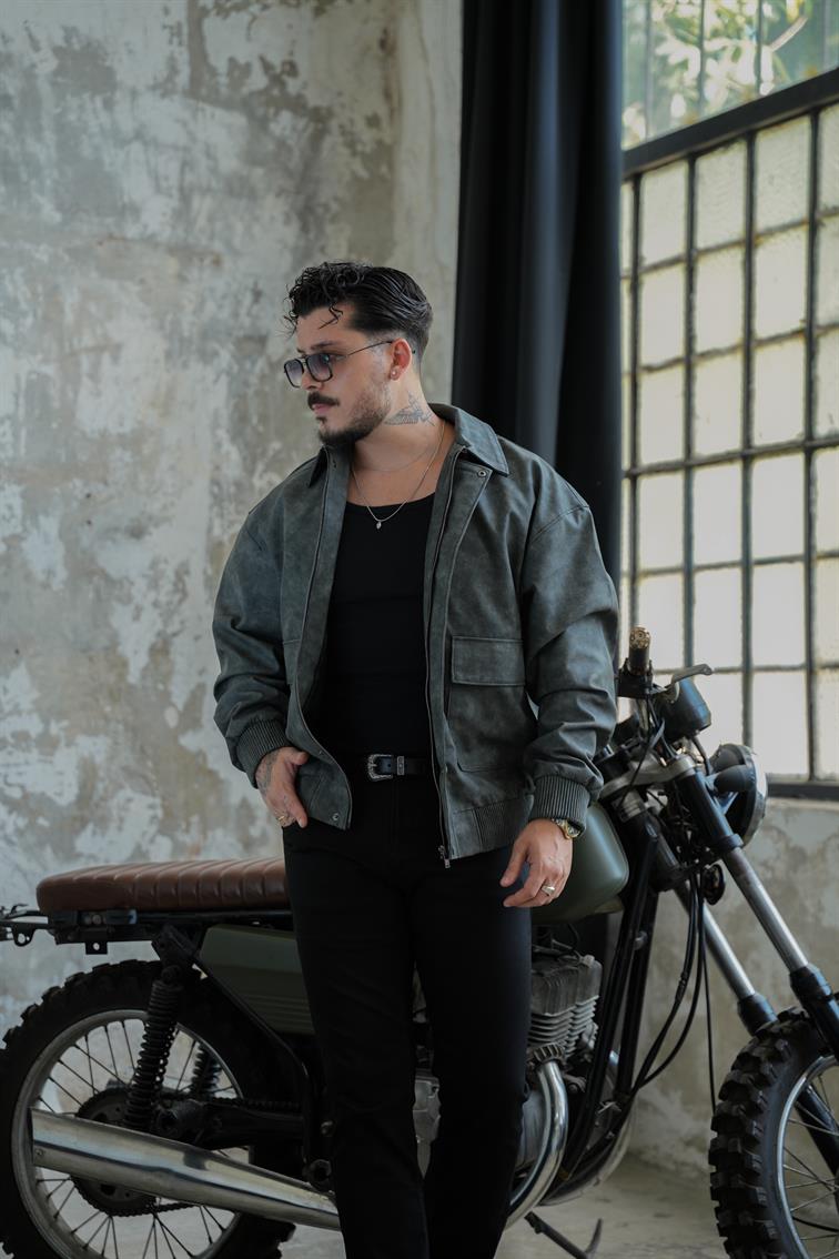 Retro Workwear Yıkamalı Kapak Cepli Deri Ceket Siyah