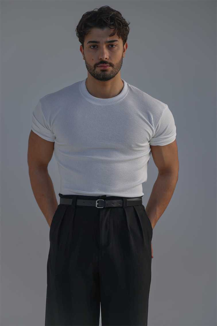 Ribbed Kolu Lastikli Fitilli Tshirt Beyaz