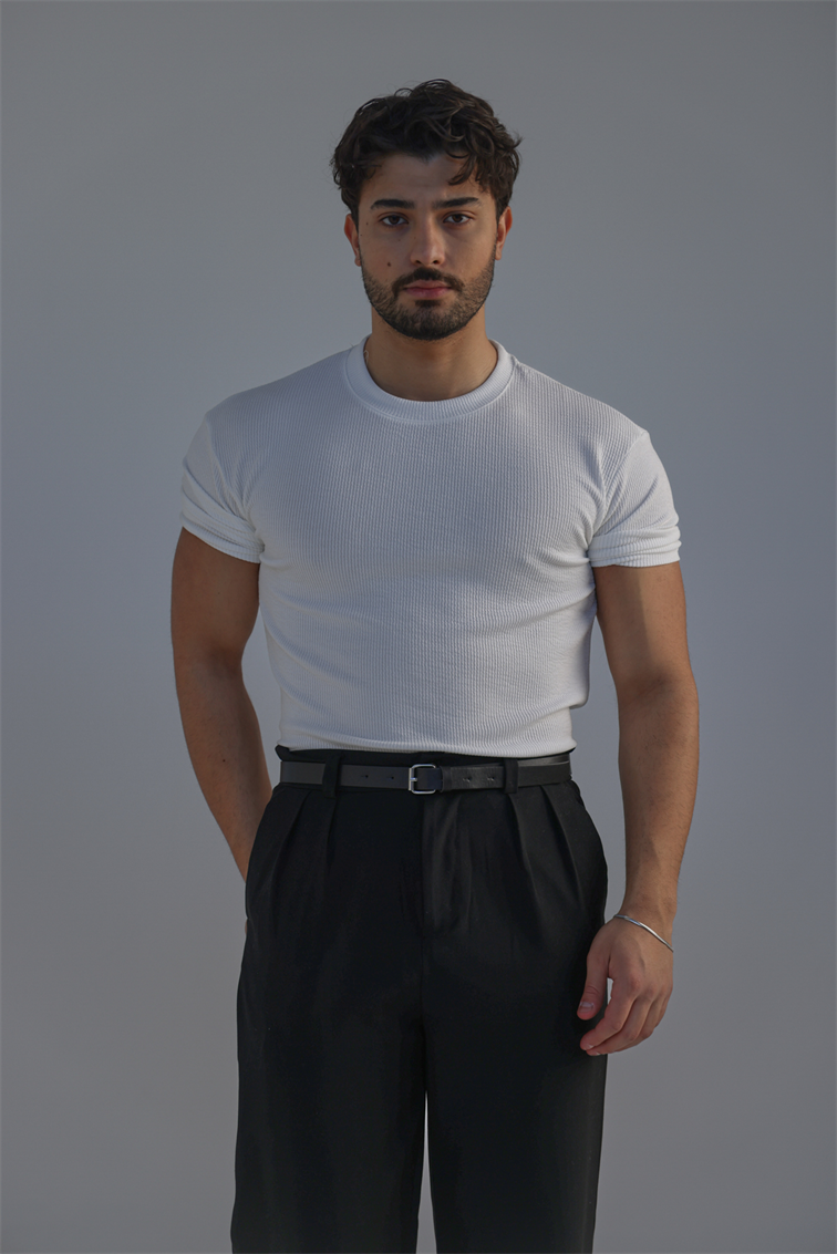 Ribbed Kolu Lastikli Fitilli Tshirt Beyaz