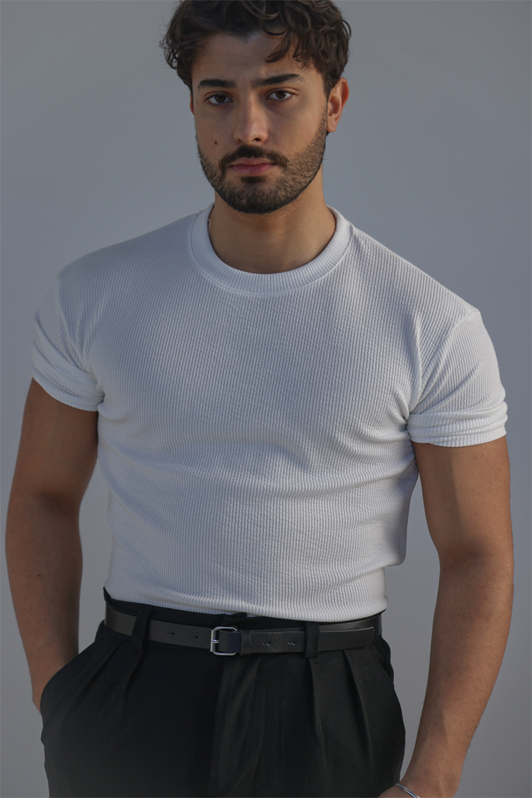 Ribbed Kolu Lastikli Fitilli Tshirt Beyaz