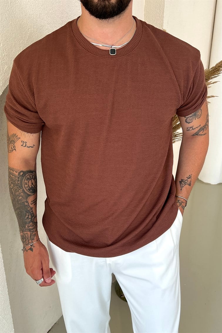 Ribbed Kolu Lastikli Fitilli Tshirt Kahve