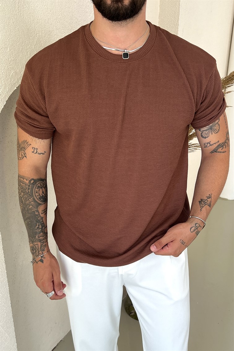 Ribbed Kolu Lastikli Fitilli Tshirt Kahve