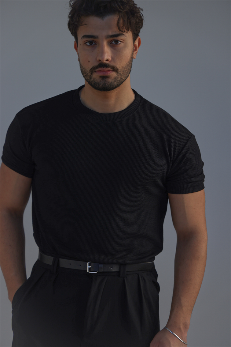 Ribbed Kolu Lastikli Fitilli Tshirt Siyah