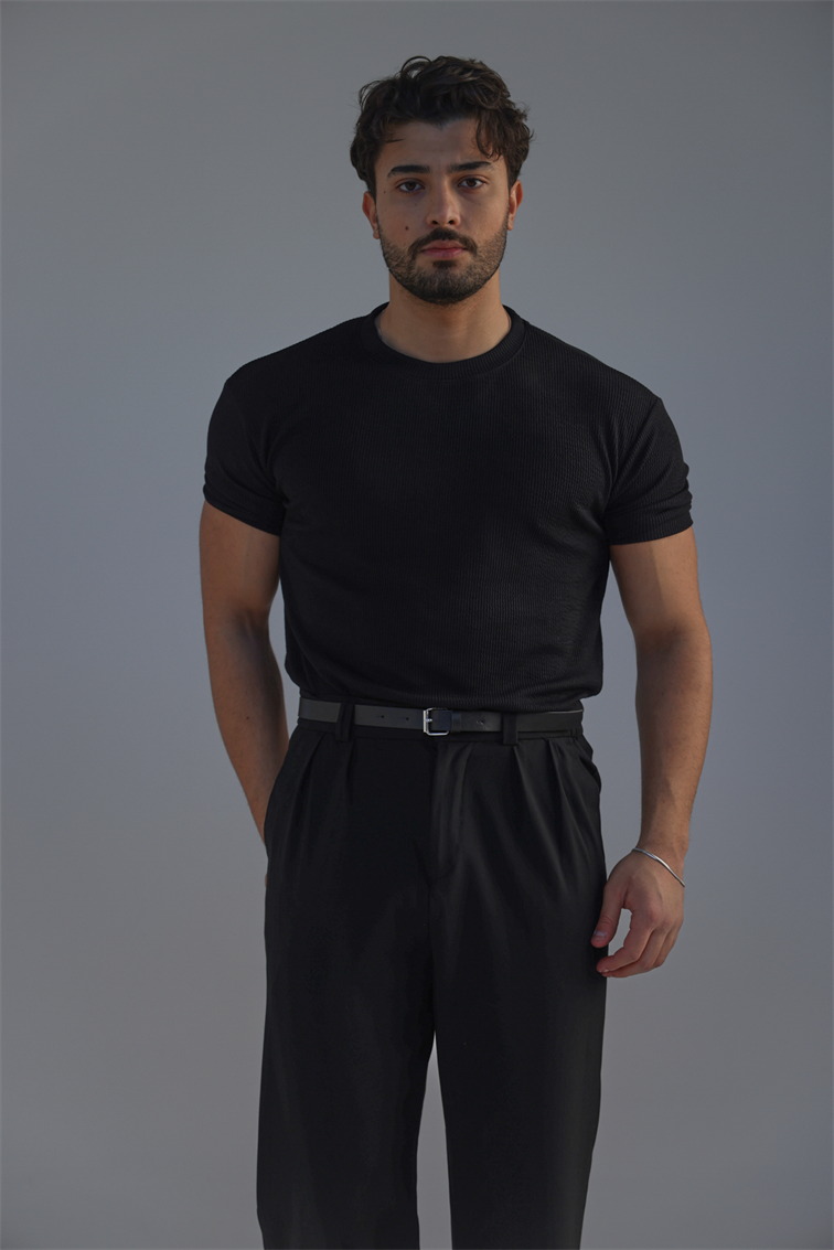 Ribbed Kolu Lastikli Fitilli Tshirt Siyah