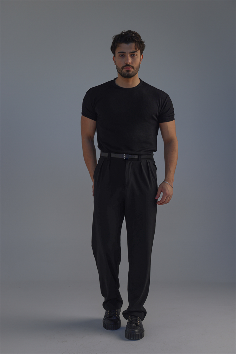 Ribbed Kolu Lastikli Fitilli Tshirt Siyah